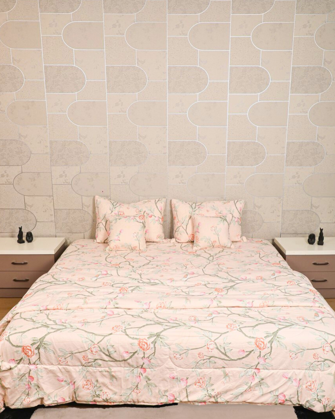 MARIGOLD - 6 Pc Bedset | Bedsheet, Comforter, Pillow Cover & Cushions (Birds on Branches)