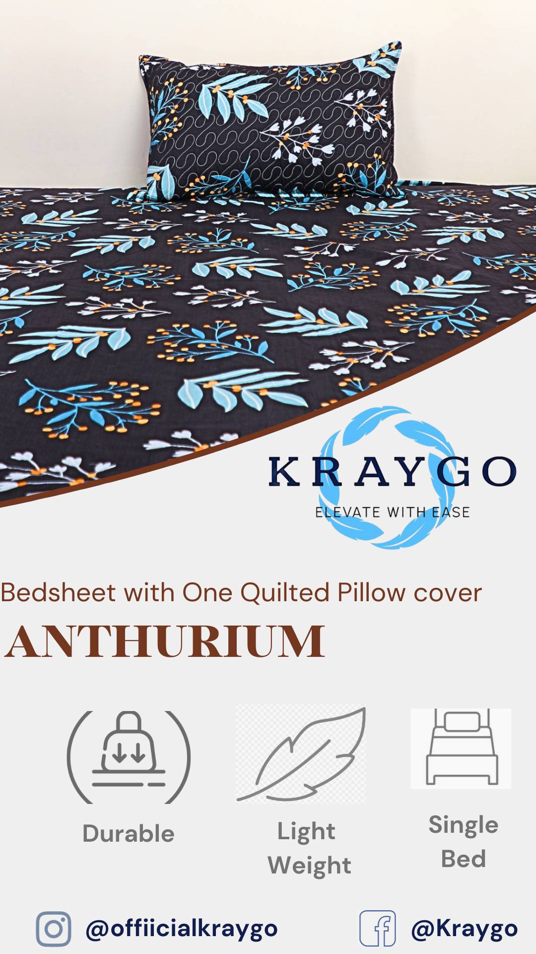 Anthurium -SINGLE BEDSHEET WITH QUILTED PILLOW COVER (Dark Blue color)