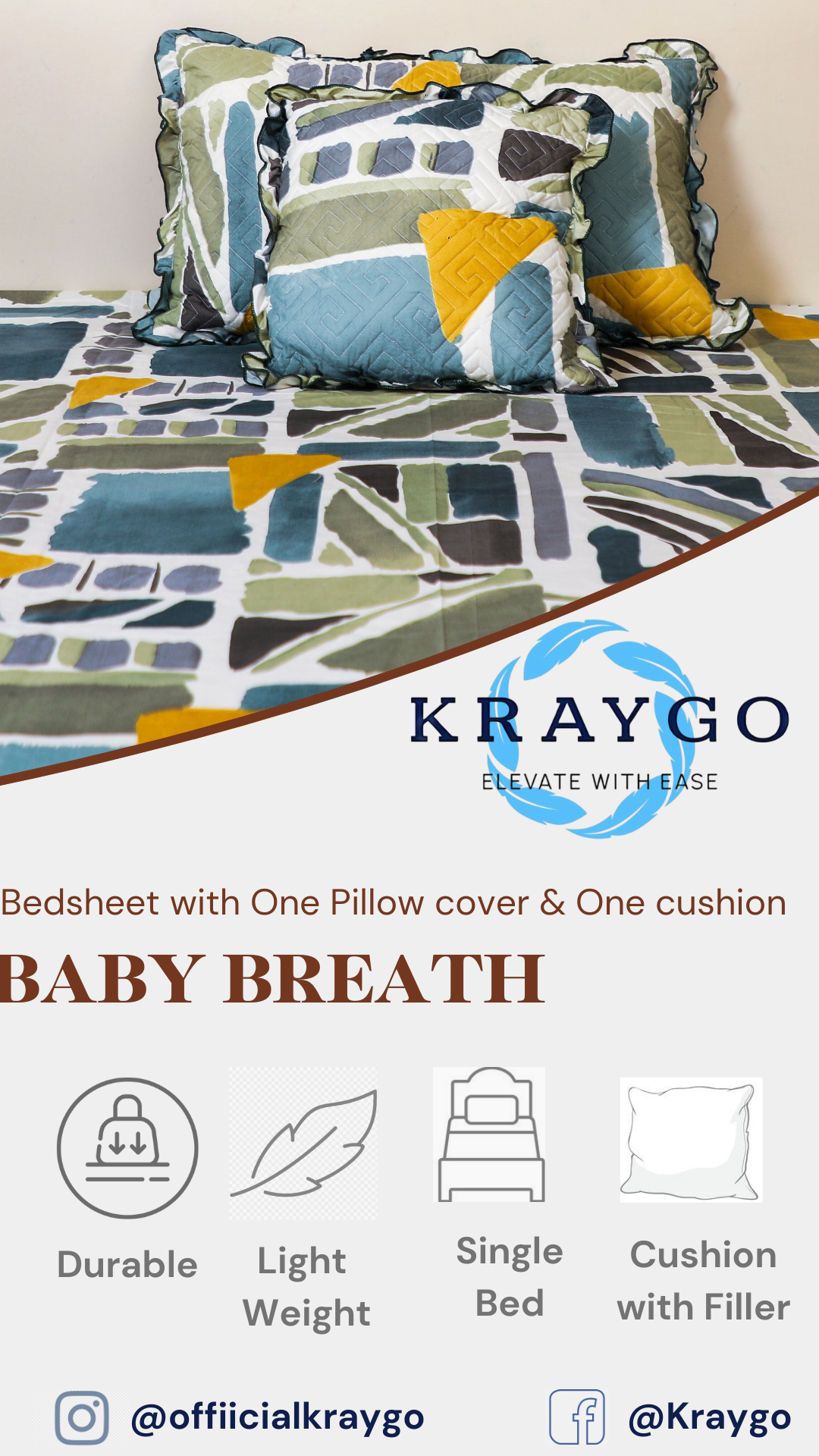 Baby Breath - SINGLE BED 3PCS BED SET (Green Blue Pattern)