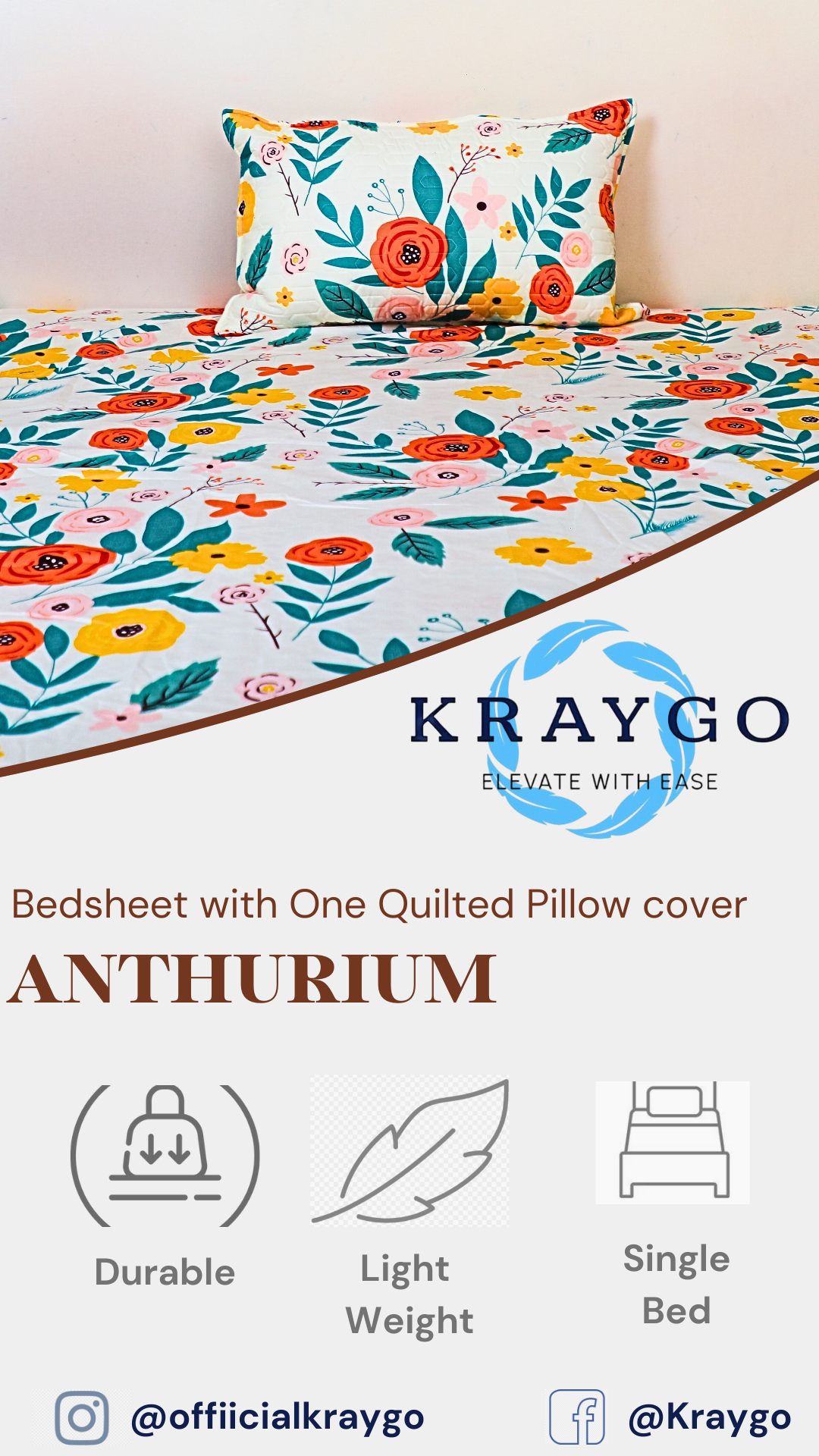 Anthurium - SINGLE BEDSHEET WITH QUILTED PILLOW COVER (Multi Floral color )