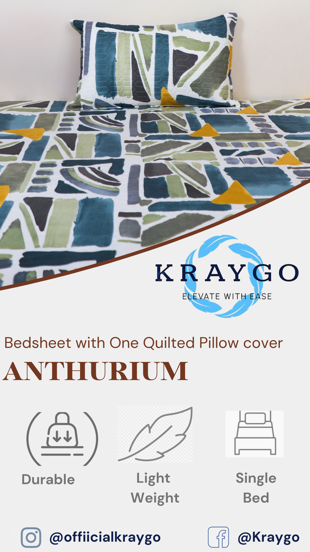 Anthurium - SINGLE BEDSHEET WITH QUILTED PILLOW COVER (Grey Blue color)