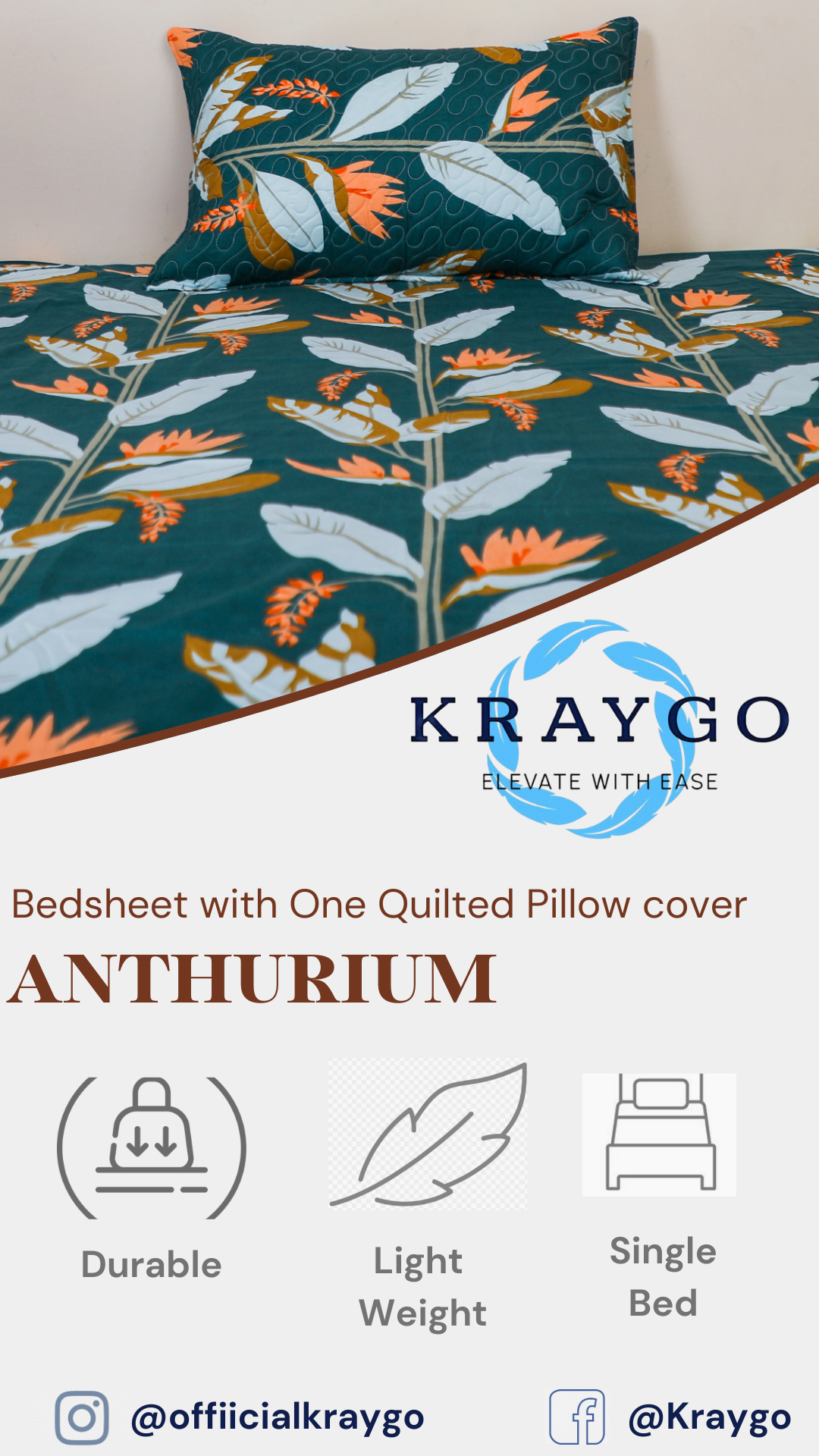 Anthurium - SINGLE BEDSHEET WITH QUILTED PILLOW COVER (Dark Green Color)