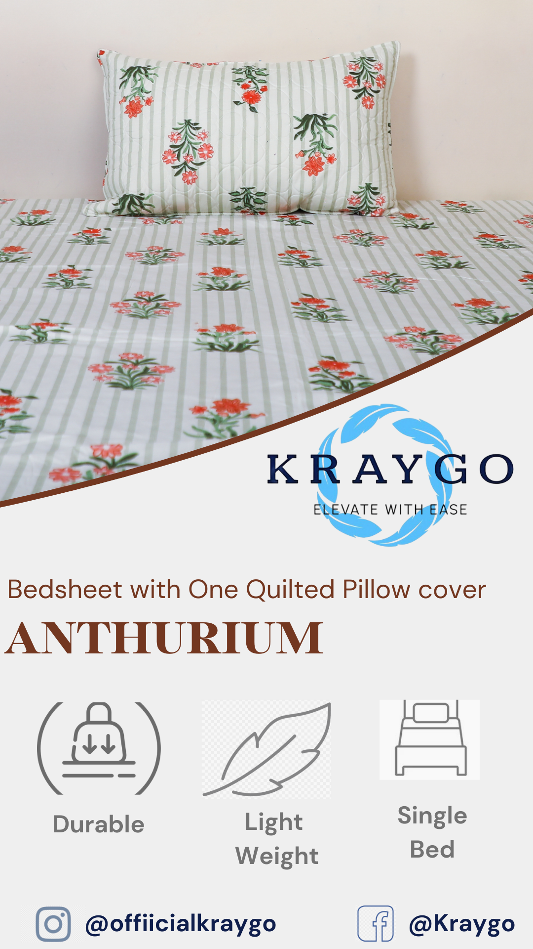 Anthurium -SINGLE BEDSHEET WITH QUILTED PILLOW COVER (Lining Green)