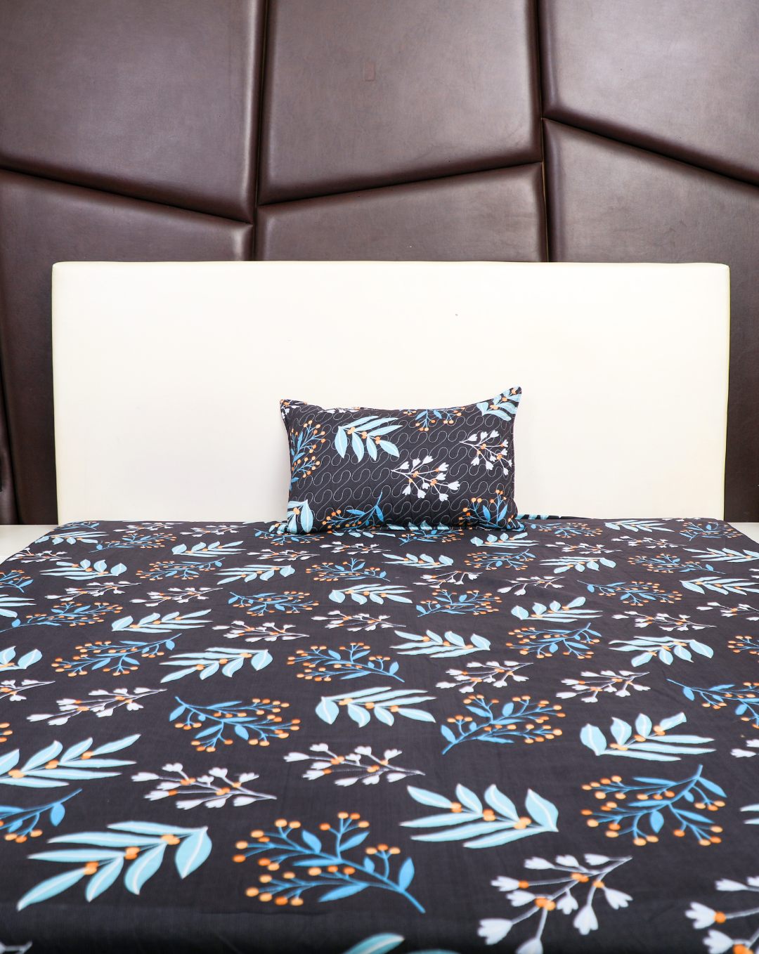 Anthurium -SINGLE BEDSHEET WITH QUILTED PILLOW COVER (Dark Blue color)