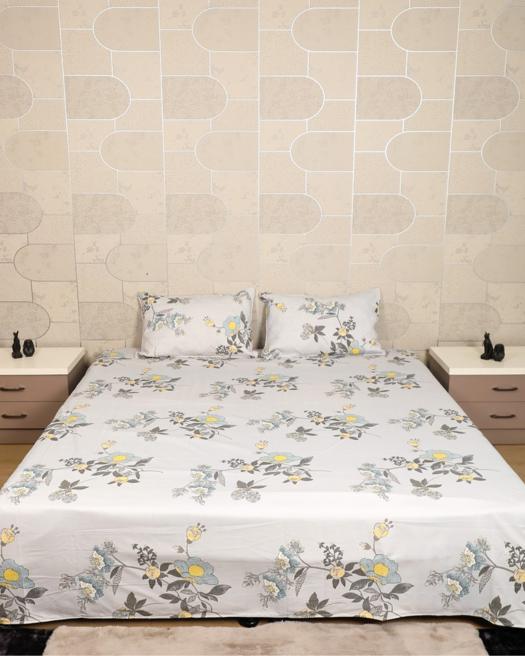 gray with floral print king size bedsheet with quilted pillow cover