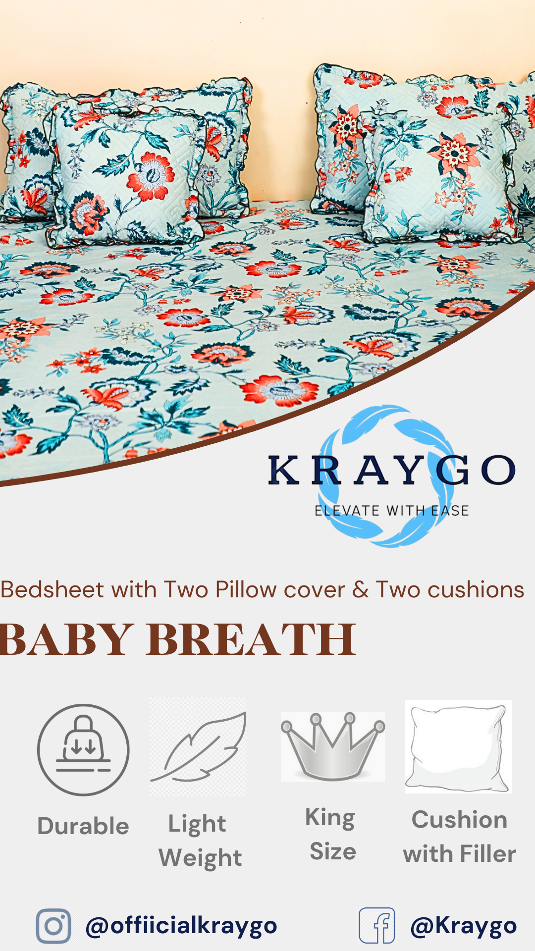 BABY BREATH - 5 Pc Bedset | Bedsheet, Pillow Cover & Cushions (Blue Floral)