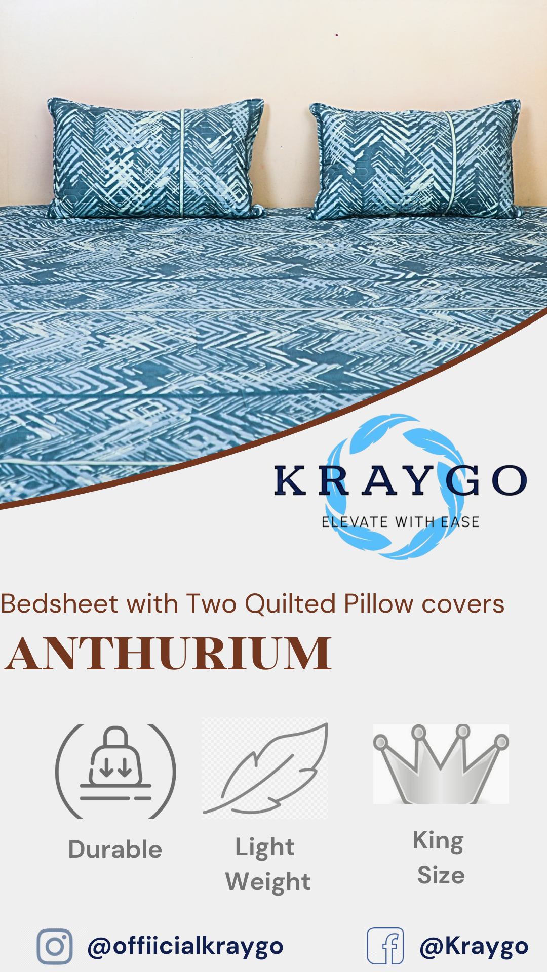 Anthurium - DOUBLE BED BEDSHEET WITH QUILTED PILLOW COVER (Turquoise Blue)