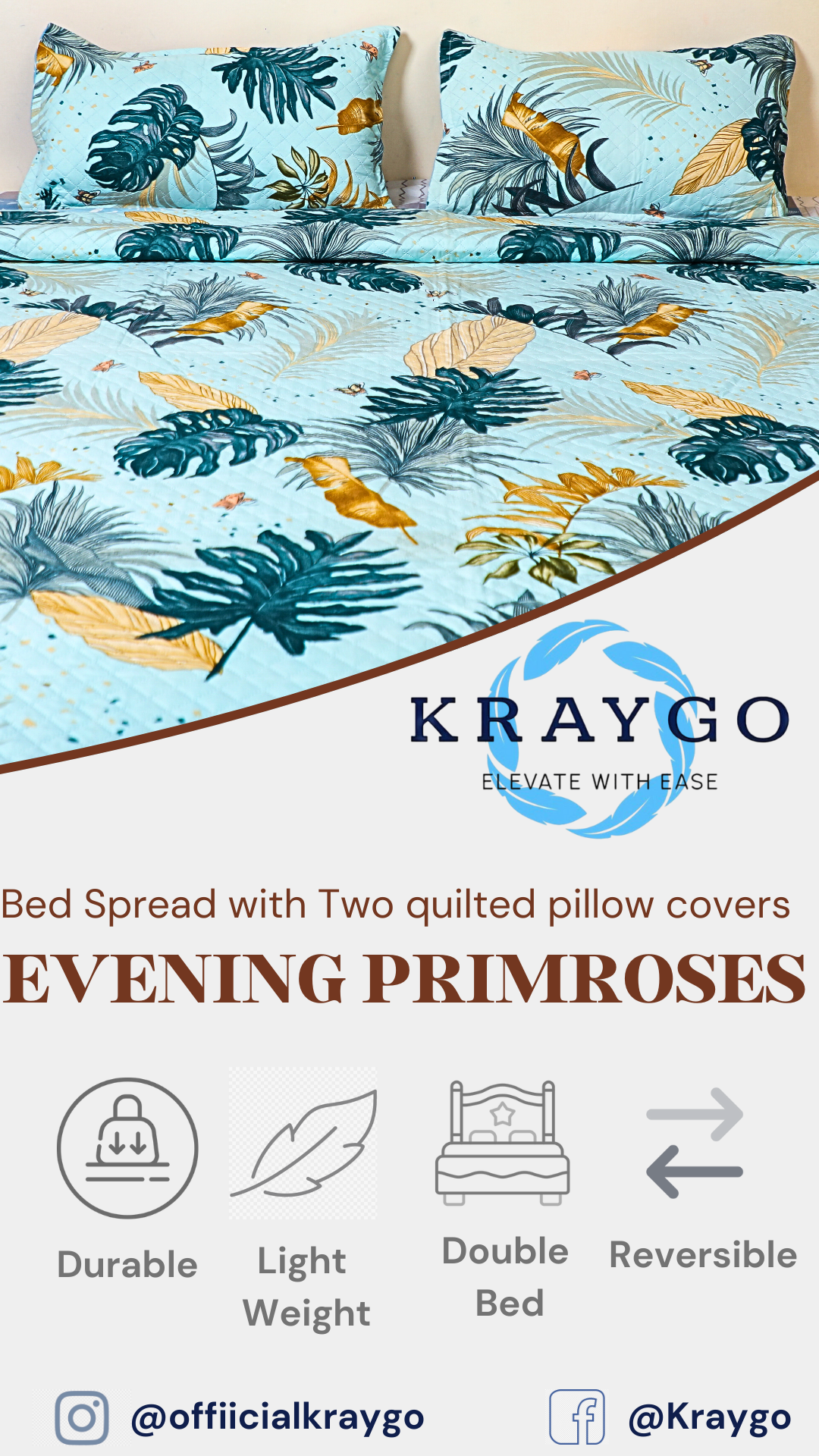Evening Primroses -DOUBLE BED BEDCOVER/AC QUILTS PRINTED( Blue, Big Leaf )