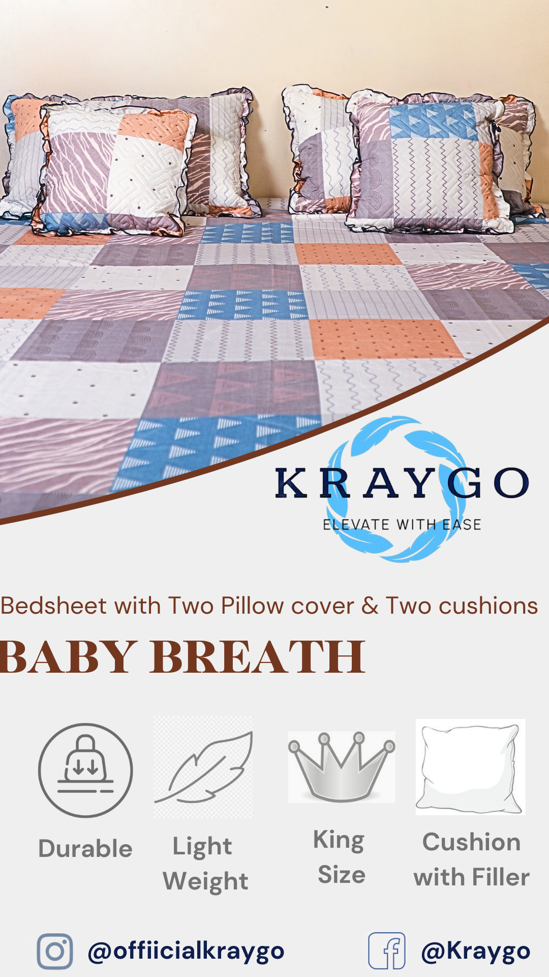 BABY BREATH – 5 Pc Bedset | Bedsheet, Pillow Cover & Cushions (4 Square)