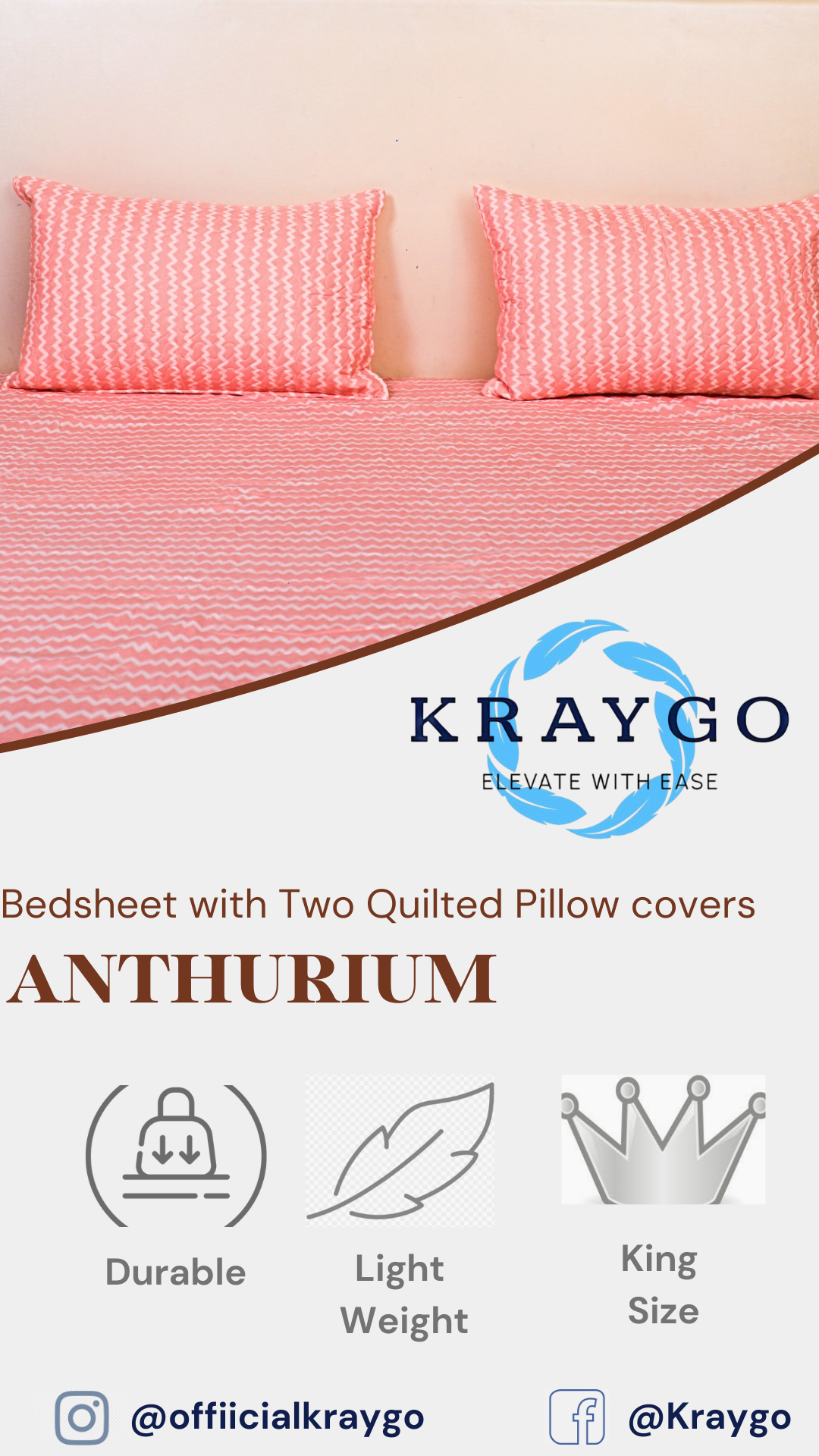 Anthurium- DOUBLE BED BEDSHEET WITH QUILTED PILLOW COVER ( Pink colour)