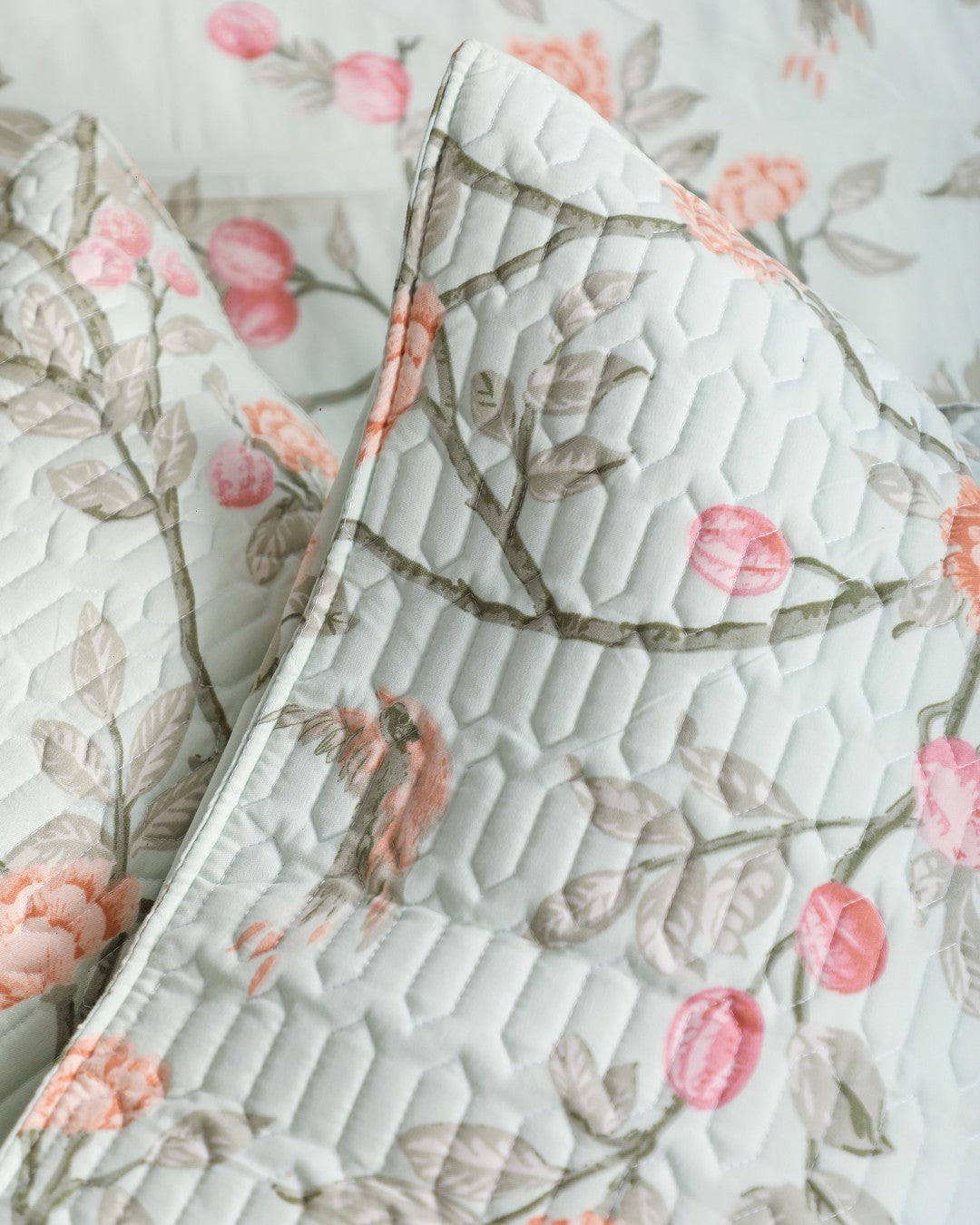 Anthurium Pastel Green King Size Bedsheet Set with Quilted Designer Pillow Covers – Ultra-Soft, Breathable, and Luxury Bedding for All Seasons