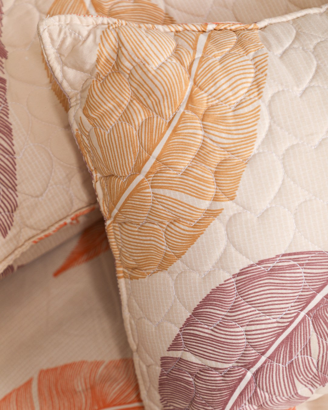 MARIGOLD – 6 Pc Bedset | Bedsheet, Comforter, Pillow Cover & Cushions (Big Leaf)