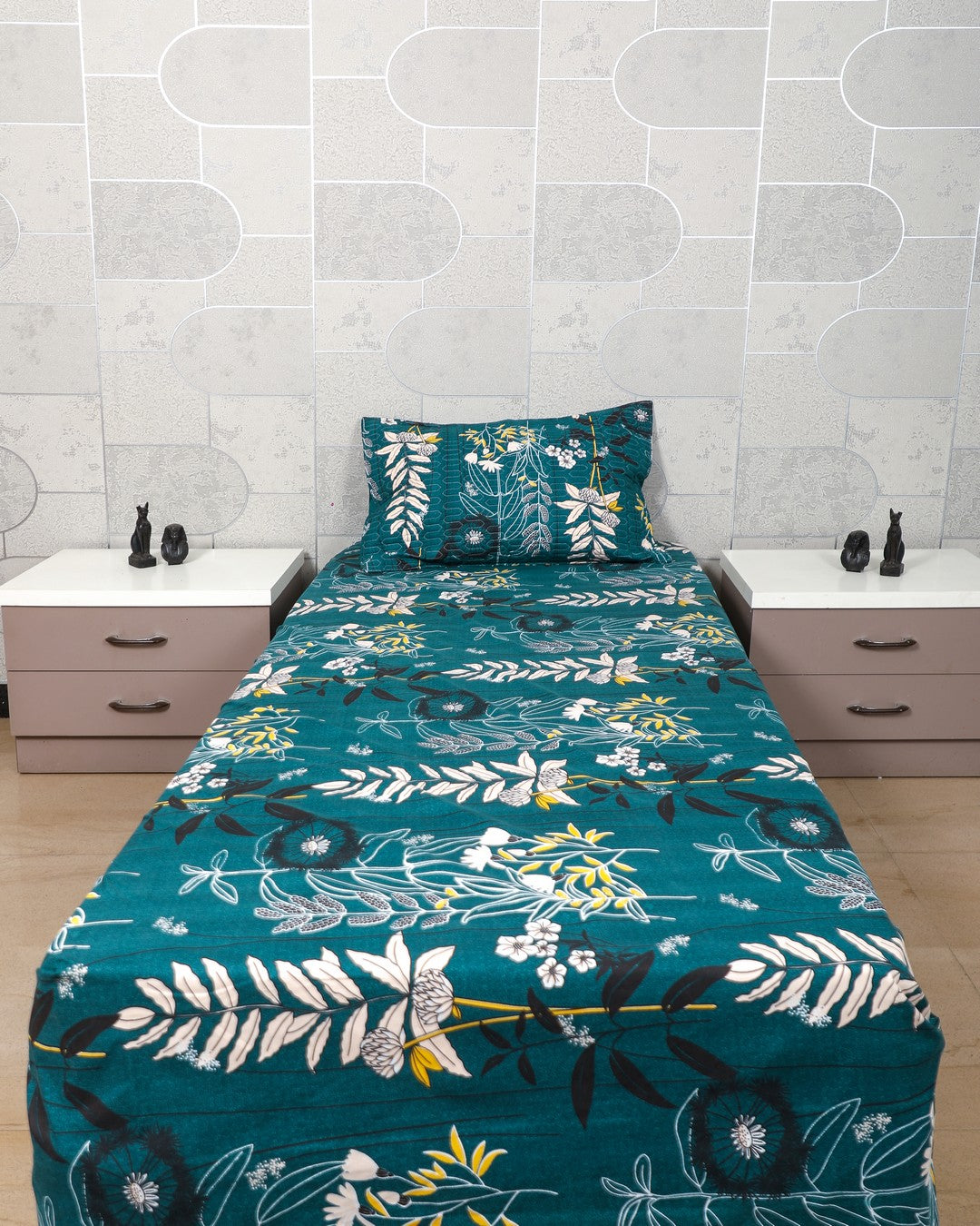 Anthurium - SINGLE BEDSHEET WITH QUILTED PILLOW COVER (Dark Green Colour)