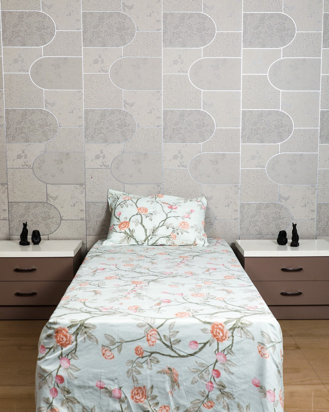 Anthurium - SINGLE BEDSHEET WITH QUILTED PILLOW COVER (Pastel Green)