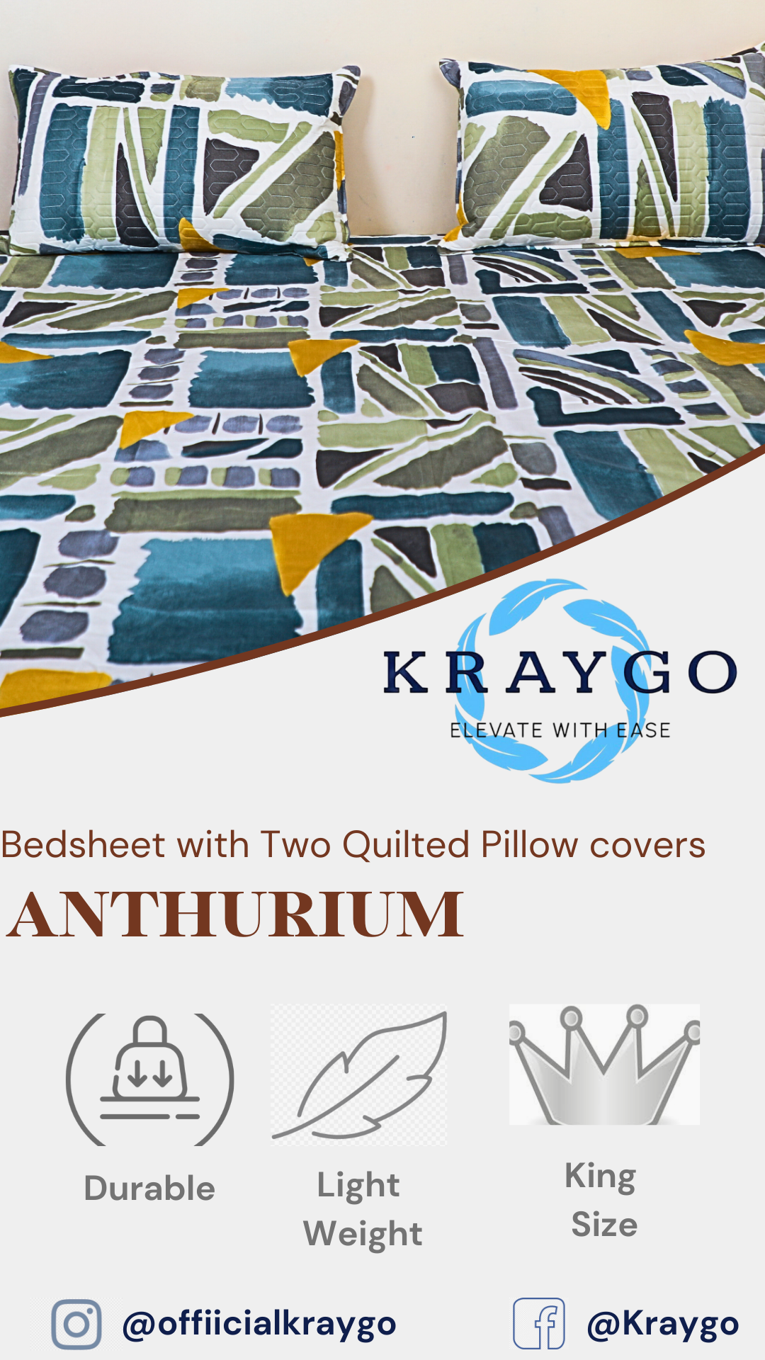 Anthurium - DOUBLE BED BEDSHEET WITH QUILTED PILLOW COVER (Grey Blue Patch)