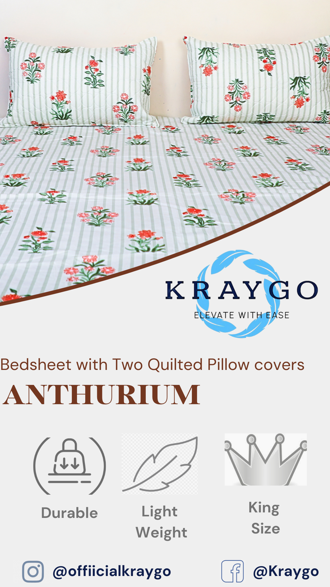 Anthurium - DOUBLE BED BEDSHEET WITH QUILTED PILLOW COVER (Lining Green)