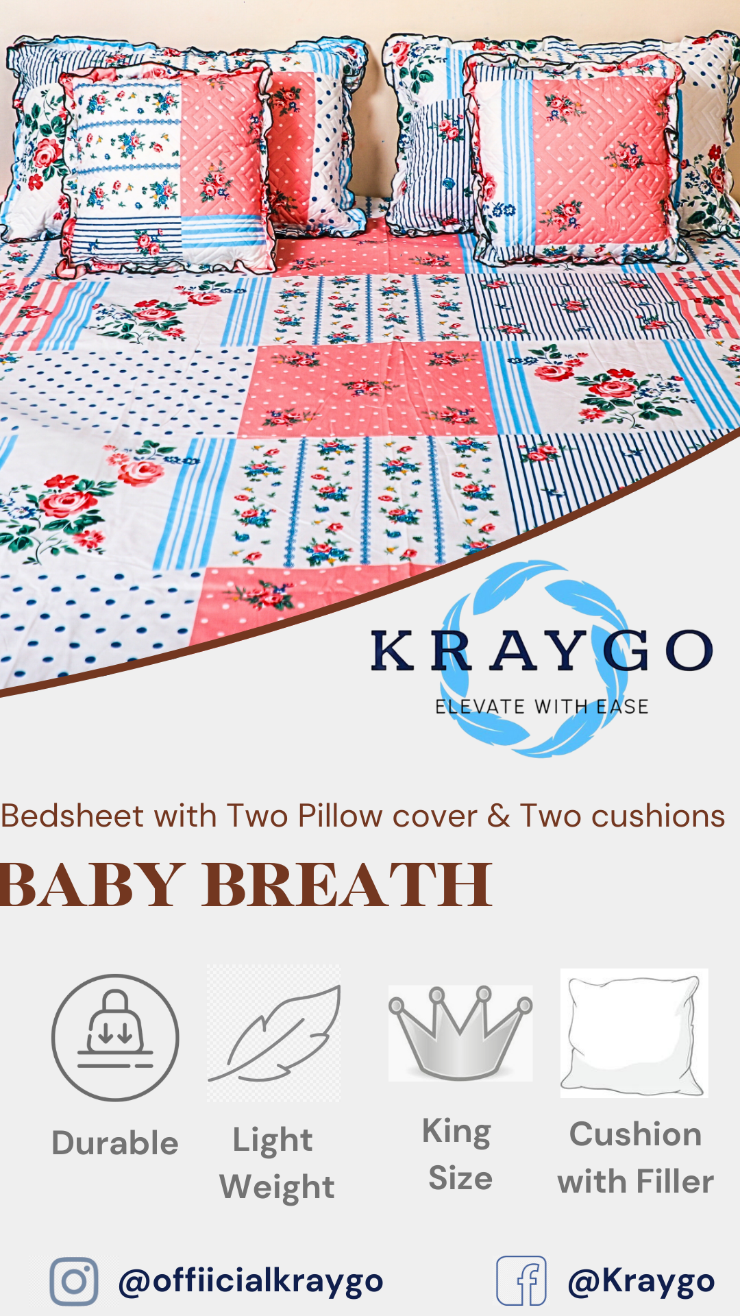 BABY BREATH - 5 Pc Bedset | Bedsheet, Pillow Cover & Cushions (Multi Color)