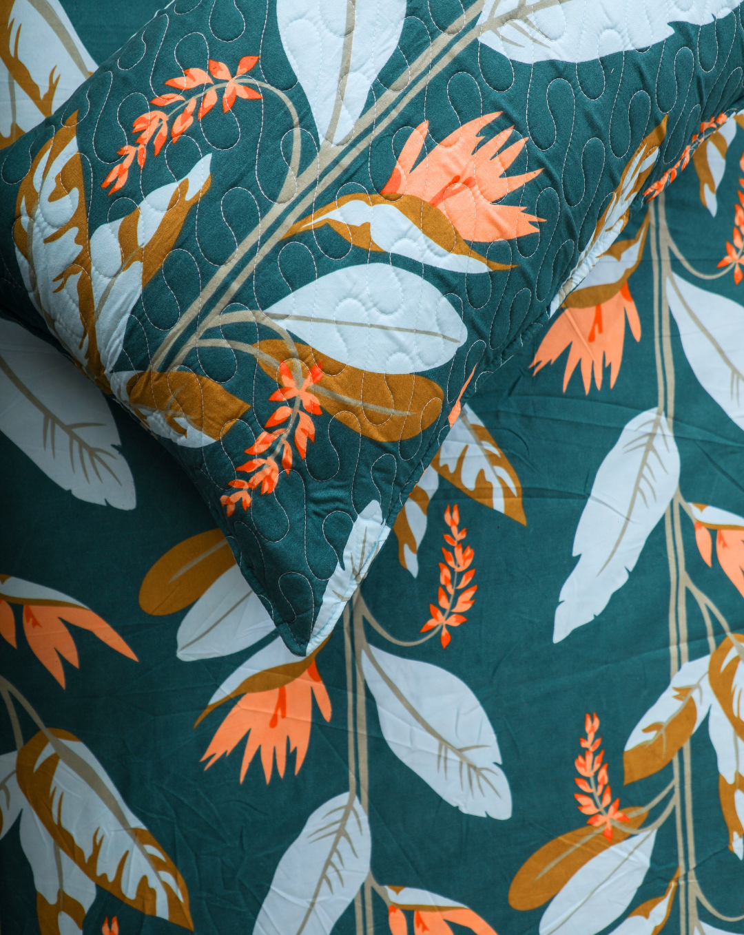 Anthurium - SINGLE BEDSHEET WITH QUILTED PILLOW COVER (Dark Green Color)