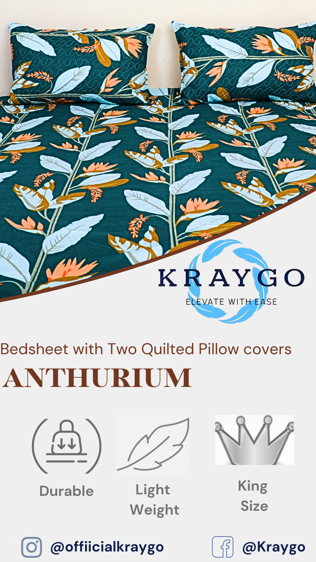 Anthurium - DOUBLE BED BEDSHEET WITH QUILTED PILLOW COVER (Dark Green)