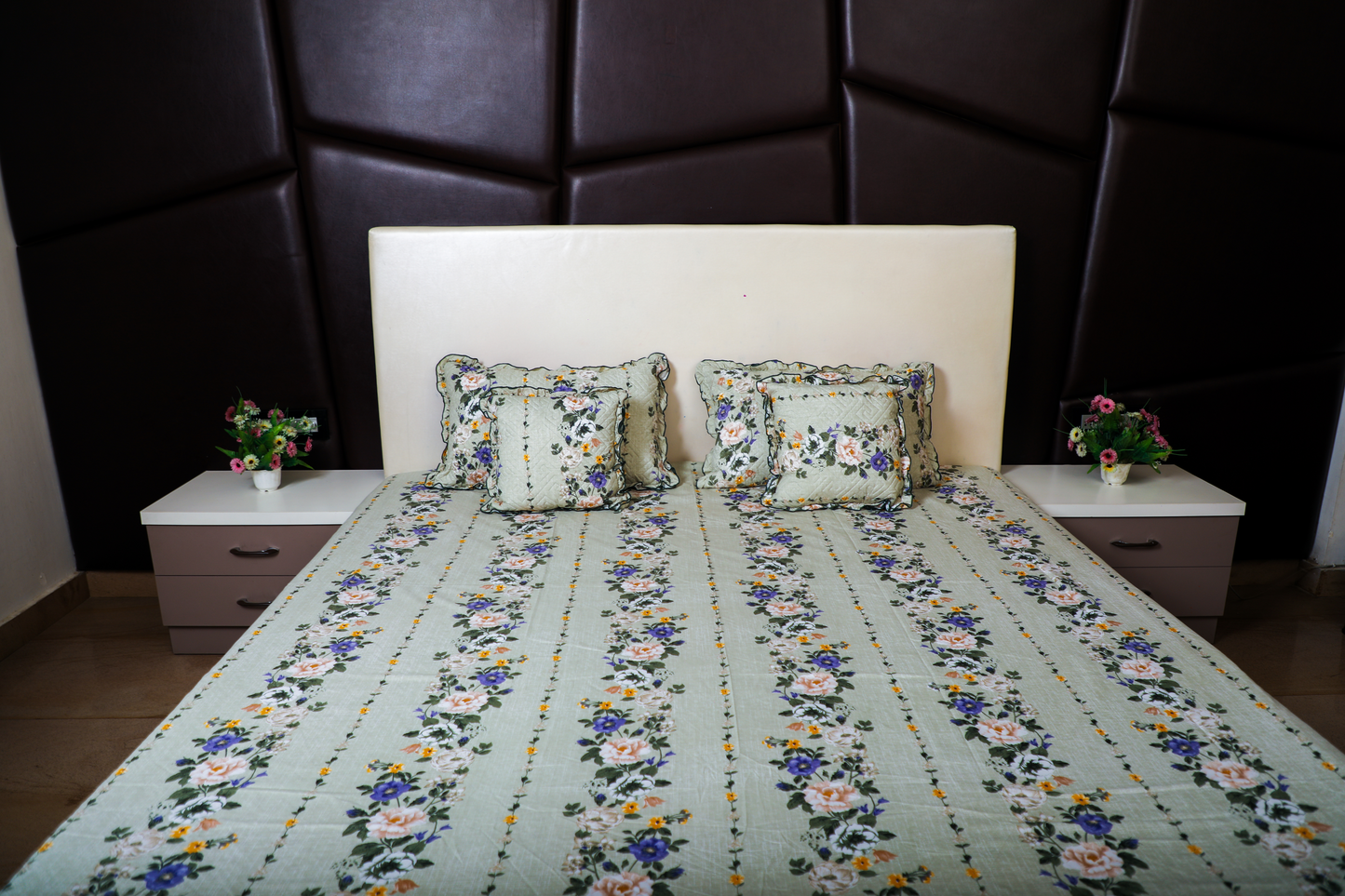 BABY BREATH - 5 Pc Bedset | Bedsheet, Pillow Cover & Cushions (Green Floral)