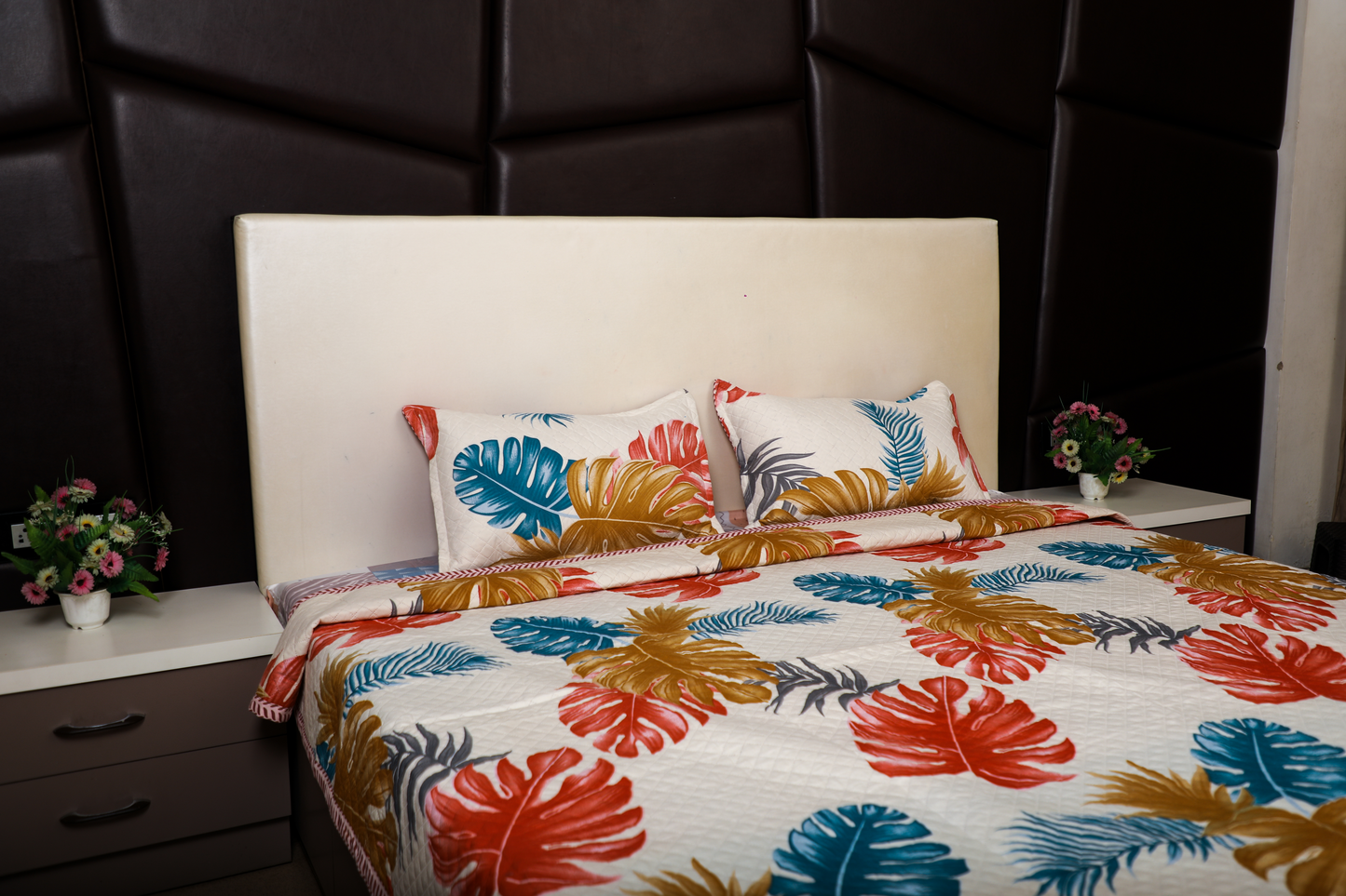 Evening Primroses - DOUBLE BED BEDCOVER/AC QUILTS PRINTED (White, Big Leaf)