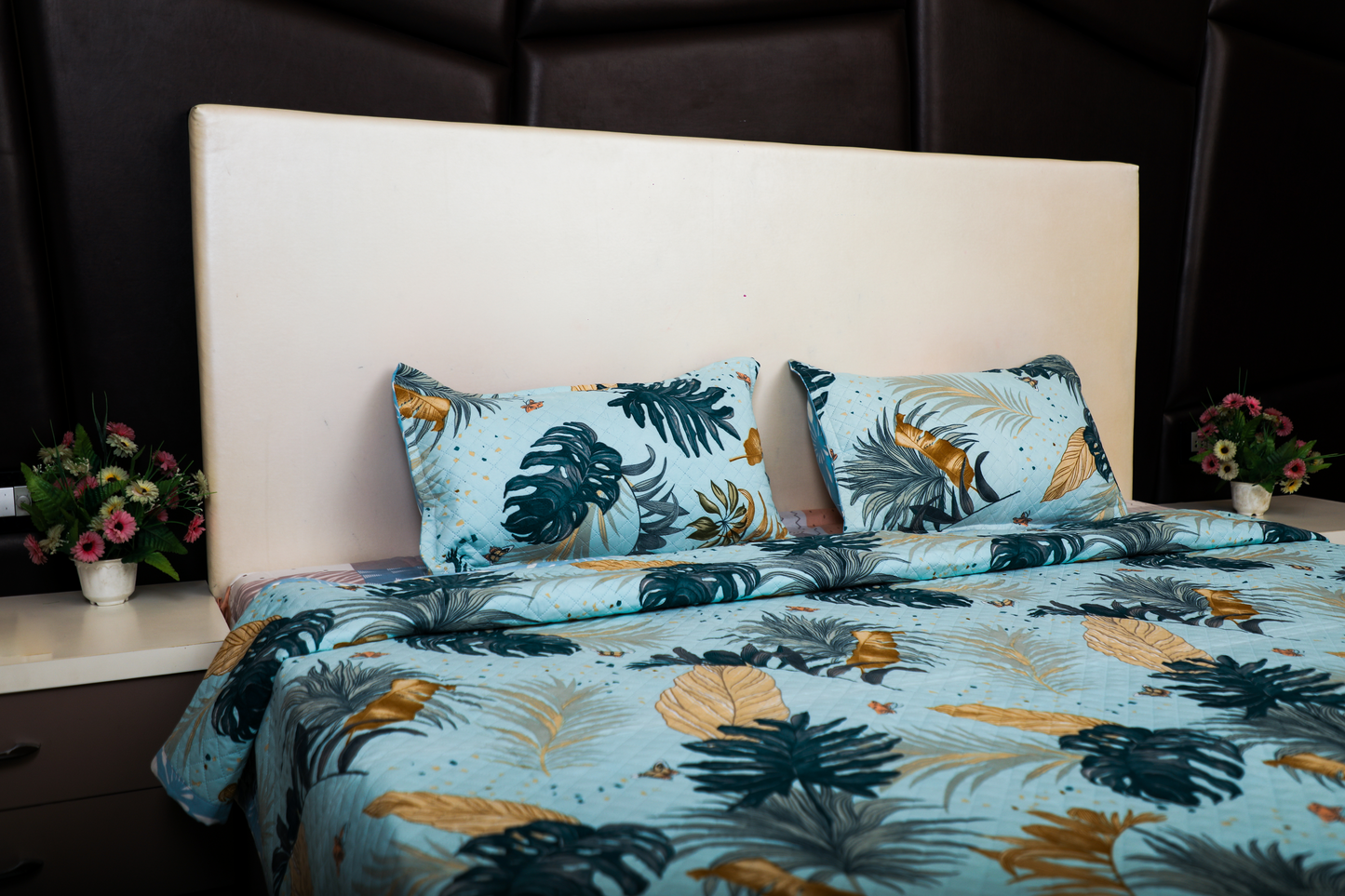 Evening Primroses -DOUBLE BED BEDCOVER/AC QUILTS PRINTED( Blue, Big Leaf )