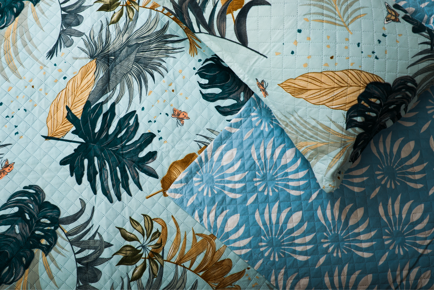 Evening Primroses -DOUBLE BED BEDCOVER/AC QUILTS PRINTED( Blue, Big Leaf )