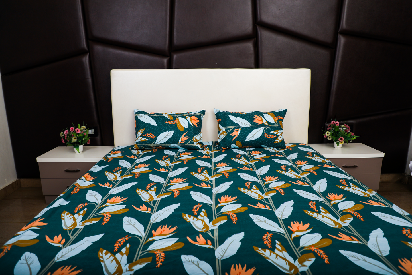 Anthurium - DOUBLE BED BEDSHEET WITH QUILTED PILLOW COVER (Dark Green)