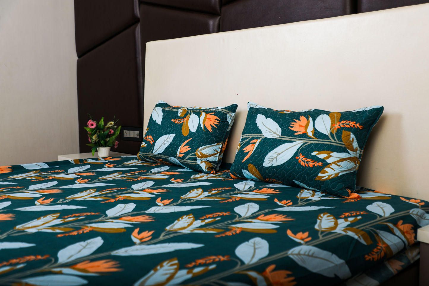 Anthurium - DOUBLE BED BEDSHEET WITH QUILTED PILLOW COVER (Dark Green)
