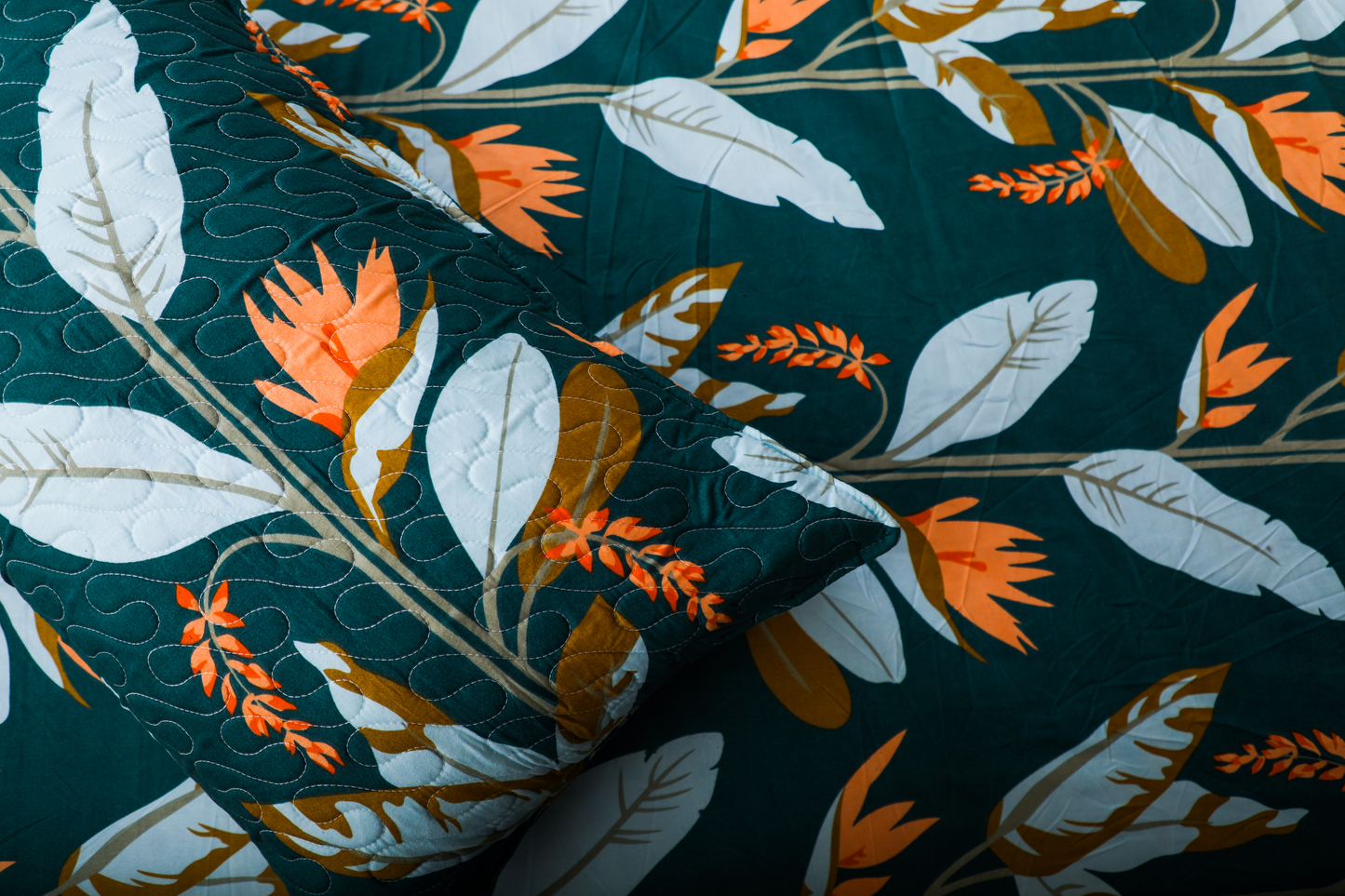 Anthurium - DOUBLE BED BEDSHEET WITH QUILTED PILLOW COVER (Dark Green)
