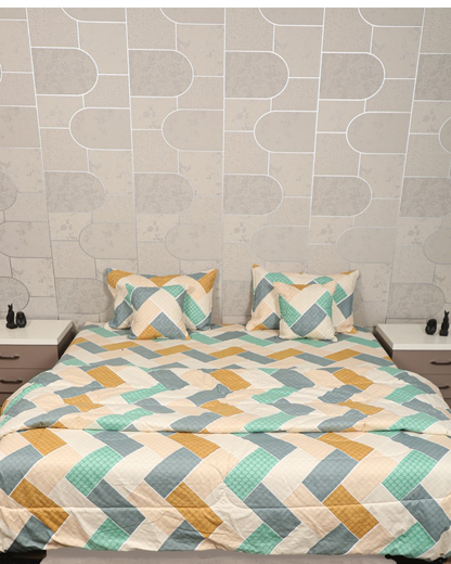 MARIGOLD – 6 Pc Bedset | Bedsheet, Comforter, Pillow Cover & Cushions (Geometric Print)