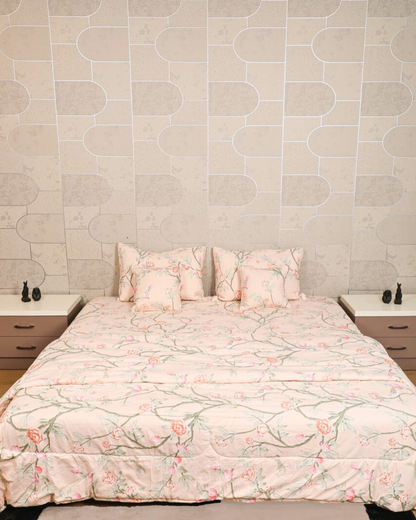 MARIGOLD - 6 Pc Bedset | Bedsheet, Comforter, Pillow Cover & Cushions (Birds on Branches)