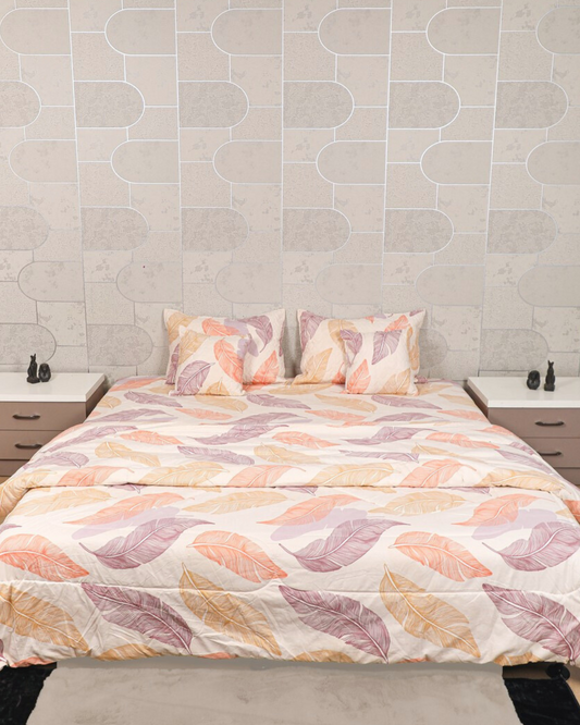 MARIGOLD – 6 Pc Bedset | Bedsheet, Comforter, Pillow Cover & Cushions (Big Leaf)
