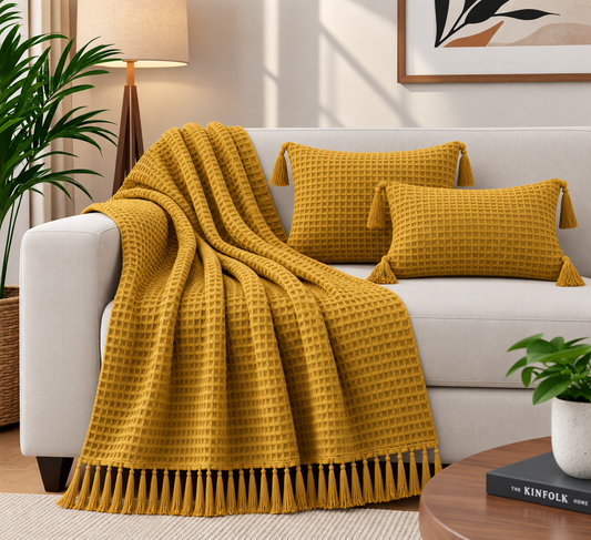 Waffle Texture Throw & Lumber Set | Mustard Gold