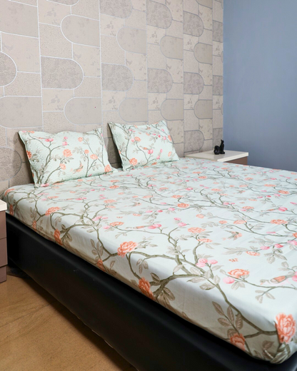 Anthurium Pastel Green King Size Bedsheet Set with Quilted Designer Pillow Covers – Ultra-Soft, Breathable, and Luxury Bedding for All Seasons