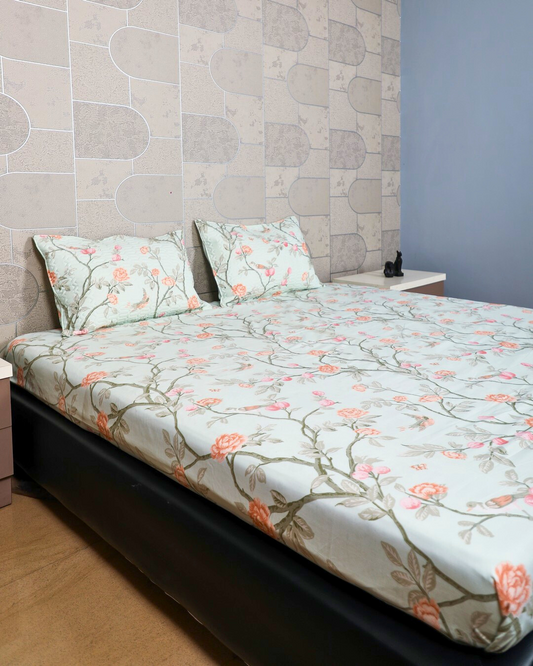 Anthurium Pastel Green King Size Bedsheet Set with Quilted Designer Pillow Covers – Ultra-Soft, Breathable, and Luxury Bedding for All Seasons