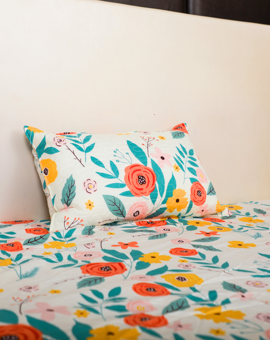 Anthurium - SINGLE BEDSHEET WITH QUILTED PILLOW COVER (Multi Floral color )