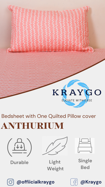 Anthurium- SINGLE BED SHEET WITH QUILTED PILLOW COVER (Pink)