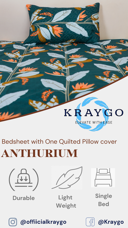 Anthurium - SINGLE BEDSHEET WITH QUILTED PILLOW COVER (Dark Green Color)