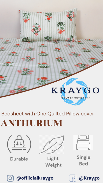 Anthurium -SINGLE BEDSHEET WITH QUILTED PILLOW COVER (Lining Green)