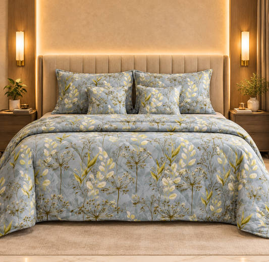 Sky Bloom – 6 Pc King Size Bedset (108x108) | Quilted Cushion Set