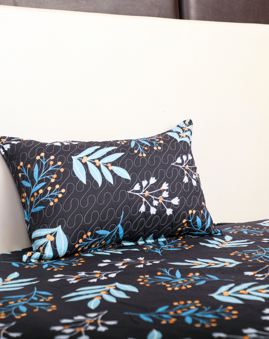 Anthurium -SINGLE BEDSHEET WITH QUILTED PILLOW COVER  (Dark Blue color)