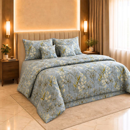 Sky Bloom – 6 Pc King Size Bedset (108x108) | Quilted Cushion Set