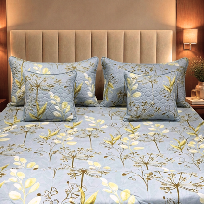Sky Bloom – 6 Pc King Size Bedset (108x108) | Quilted Cushion Set