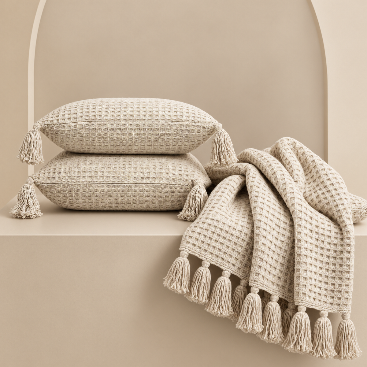 Waffle Texture Throw & Lumber Set | Soft Ivory