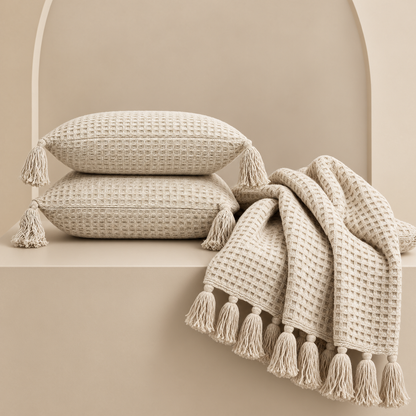 Waffle Texture Throw & Lumber Set | Soft Ivory