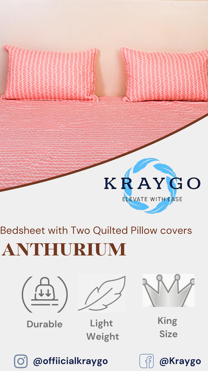 Anthurium- DOUBLE BED BEDSHEET WITH QUILTED PILLOW COVER ( Pink colour)