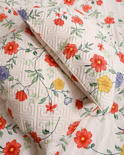 Anthurium Multi-Floral King Size Bedsheet Set with Quilted Designer Pillow Covers – Premium Cotton, Soft, Breathable & Luxury Bedding for All Seasons