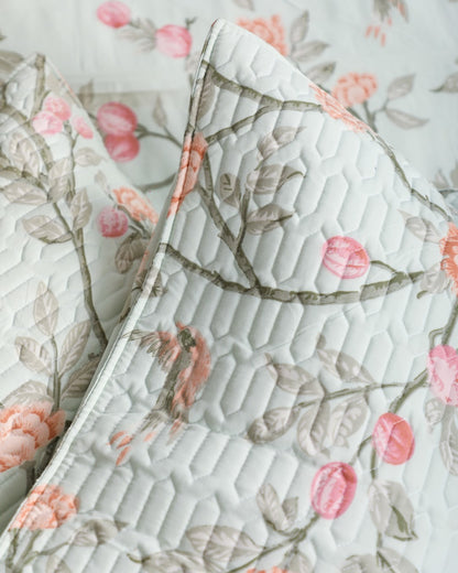 Anthurium Pastel Green King Size Bedsheet Set with Quilted Designer Pillow Covers – Ultra-Soft, Breathable, and Luxury Bedding for All Seasons