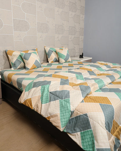 MARIGOLD – 6 Pc Bedset | Bedsheet, Comforter, Pillow Cover & Cushions (Geometric Print)